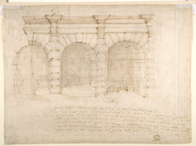 Elevation of Giulio Romano's House (recto); the Ruins from the Caelius Aqueduct and Temple of Claudius in Rome (verso) MET DP810761