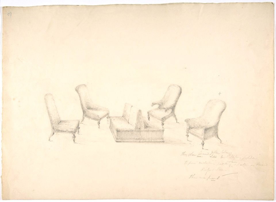 Design for a Suite of Furniture, A Double-sided Sofa, Two Chairs and Two Armchairs (Verso- sketch for shelves and a mirror) MET DP807181