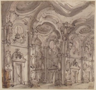 Design for a Stage Set- The Gallery of a Magnificent Palace Decorated with Mirrors. MET 1971.513.59 RECTO