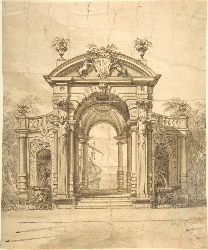 Design for a Stage Set- Triumphal Arch with Fountains in the Side Niches and the View of a Boat through the Arch MET DP803470