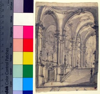 Design for a Stage Sets Groin-vaulted Stairway Leading to a Gallery with Another Stairway to a Second Story at Left (recto); Slight Sketch Traced Through form the Recto and Reworked (verso). MET 1974.605.4