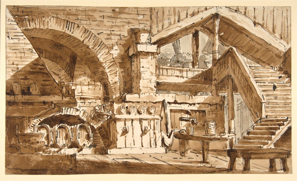 Design for a Stage Set Showing Interior of Rustic Kitchen ("Cucina Rustica") MET DP811525