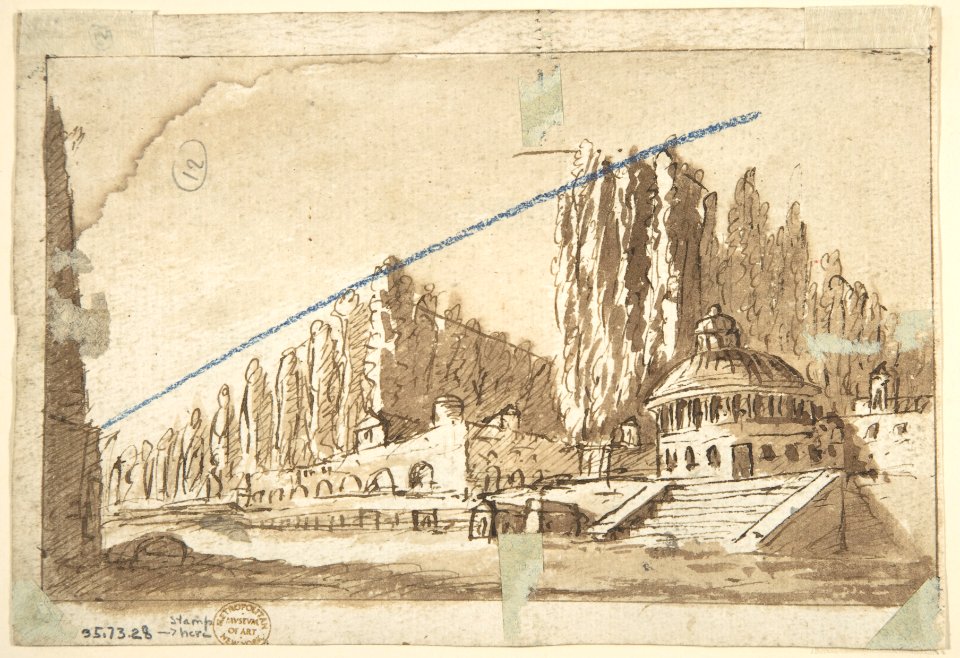 Design for a Stage Set with Two Thrones (Recto); Landscape (Verso) MET DP803776