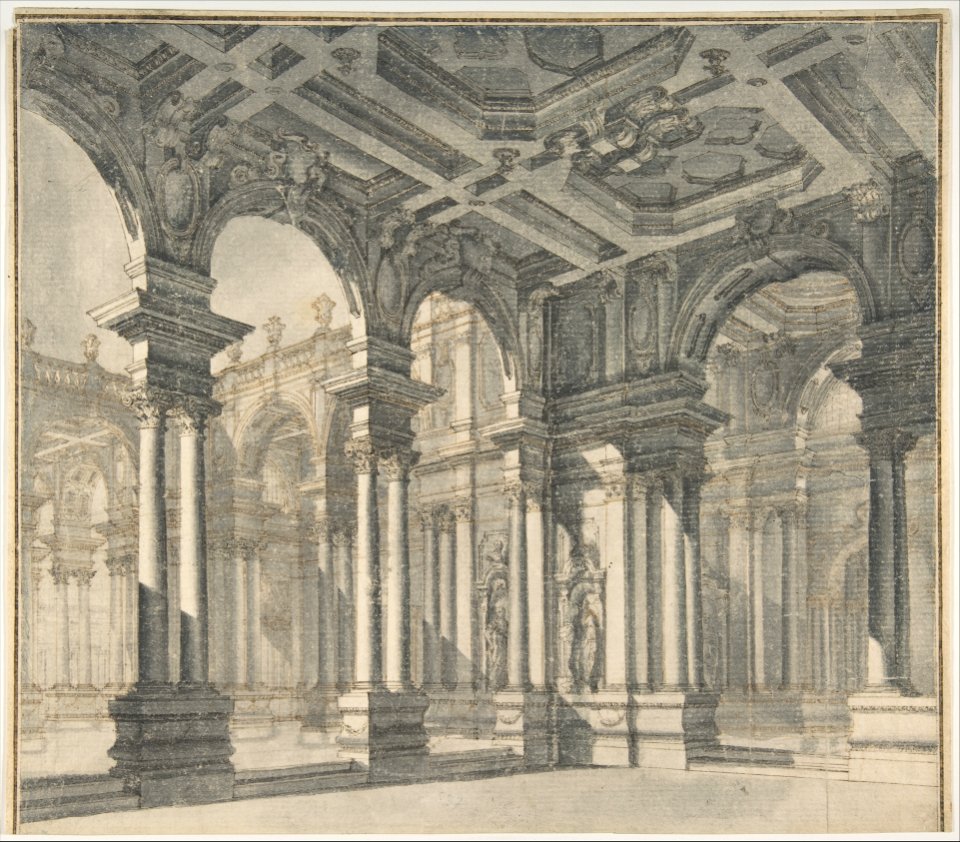 Design for a Stage Set with a Monumental Arcaded Courtyard. MET DP801284