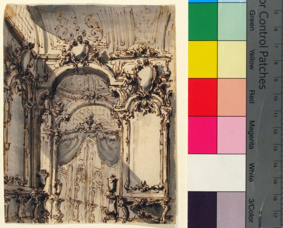 Design for a Stage Set- Interior of a Palazzo Decorated with Large Mirrors and Console Tables MET 1974.605.3