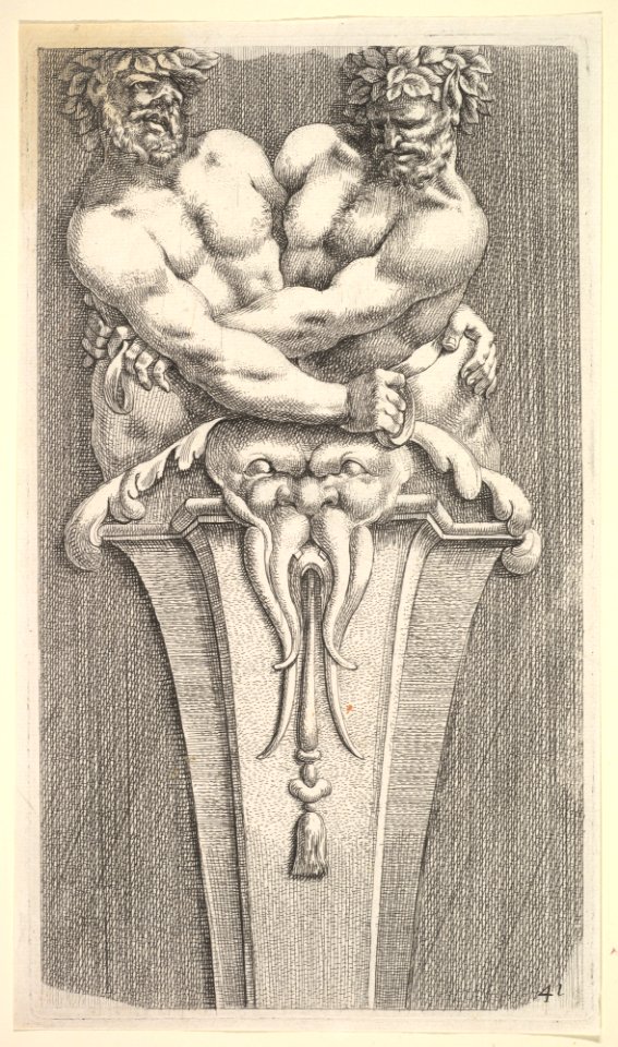 Design for a Term with Two Bacchic Figures, from- Curieuses recherches de plusieurs beaus morceaus d'ornemens antiques et modernes (...) MET DP829059