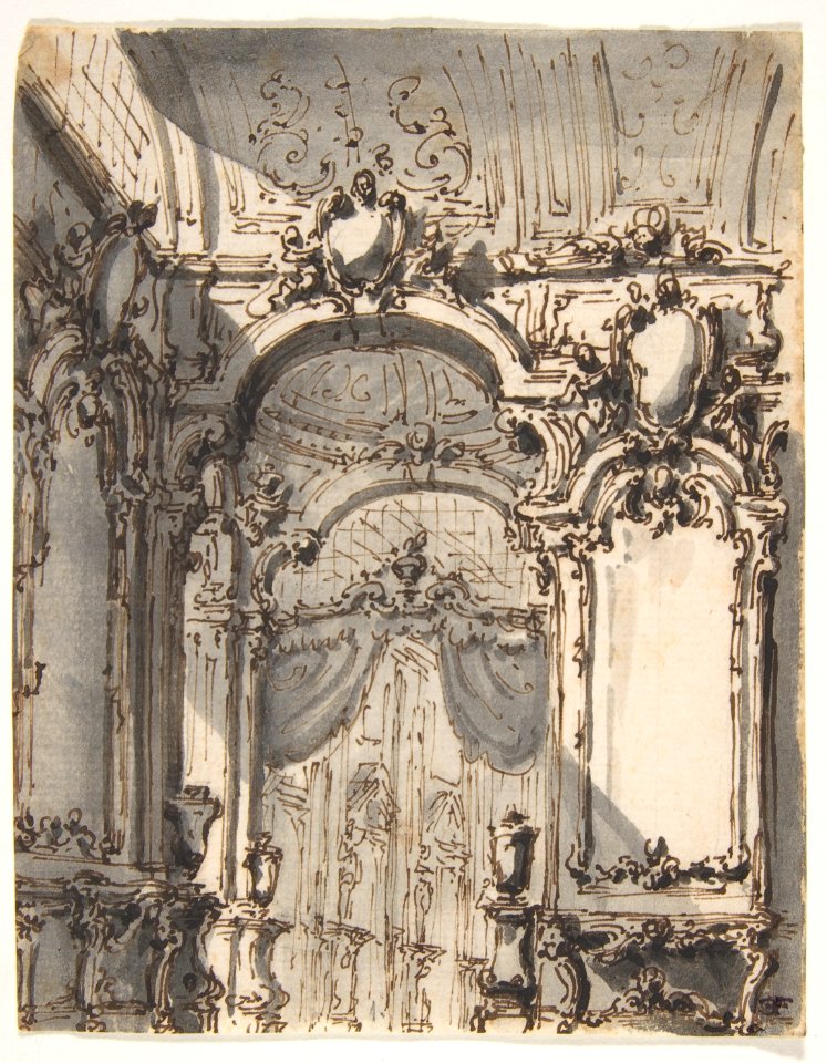 Design for a Stage Set- Interior of a Palazzo Decorated with Large Mirrors and Console Tables MET DP810769