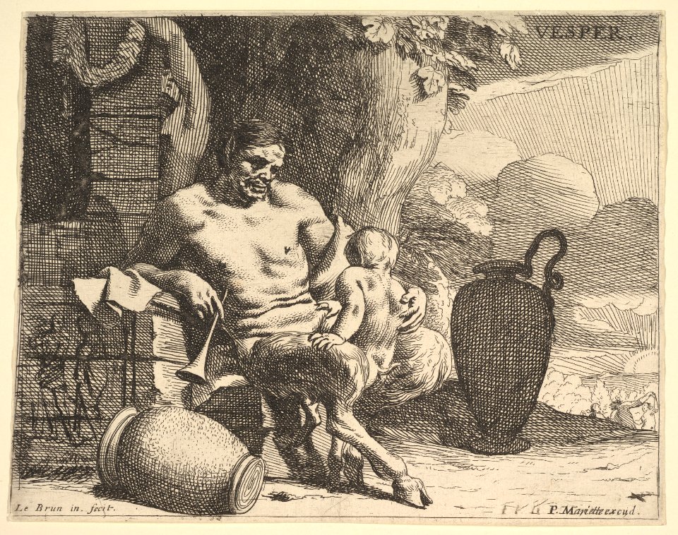 Evening- a seated satyr clasps his child, a figure hangs a garland on a pier beyond, from the series 'Hours of the day' MET DP829057