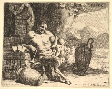 Evening- a seated satyr clasps his child, a figure hangs a garland on a pier beyond, from the series 'Hours of the day' MET DP829057
