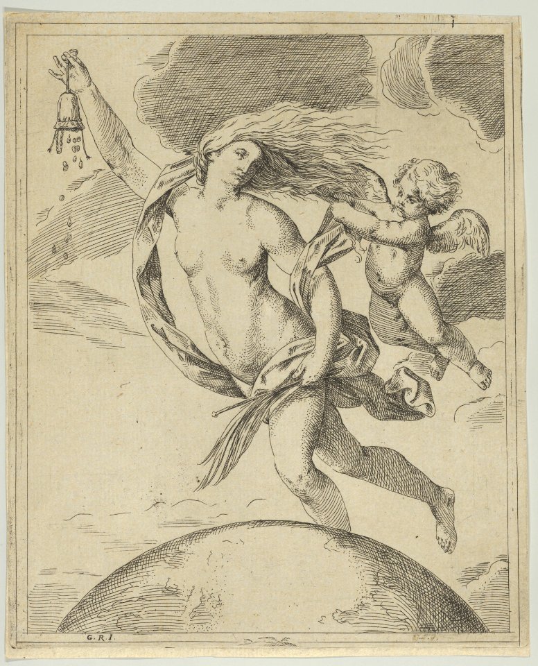 Fortune flying above the globe, partly naked, emptying a purse in her raised right hand and holding a staff in her left, a winged putto pulling her forelock, after Reni MET DP841466