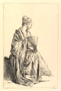 Femme assise, de profil à droite, jouant de l'eventail MET DP825481. Free illustration for personal and commercial use.