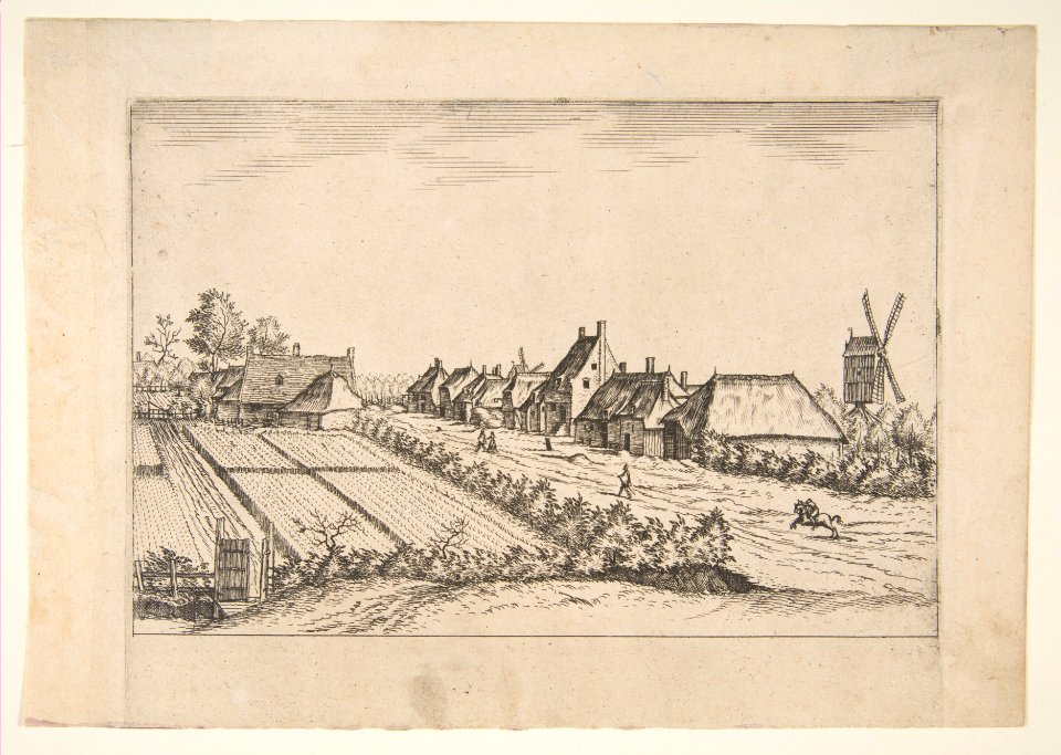 Fields with a Village Road with Post Mill, from the series The Small Landscapes (Multifariarum Casularum) MET DP818234