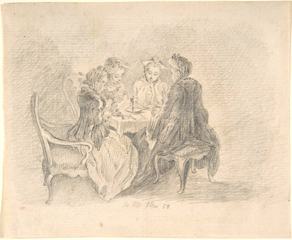 Four Ladies Sitting around a Table Occupied with Needlework, Reading, and Writing; verso- Study of a Woman with Needlework MET DP803706