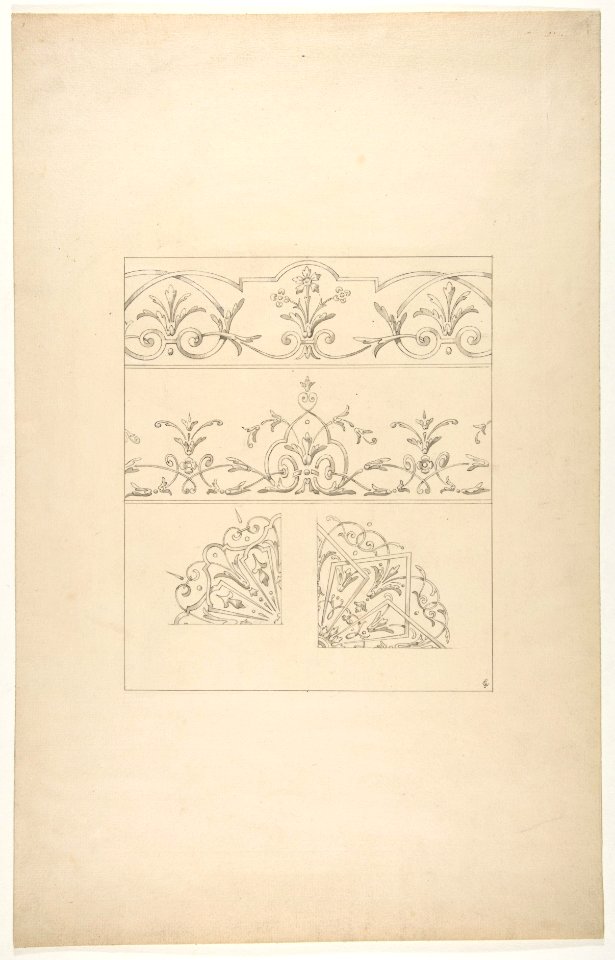 Four designs for decorative patters featuring foliage, flowers, and scrolls MET DP811450