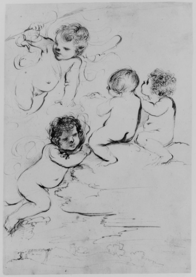 Four Putti with Bow and Arrows on Clouds above a Landscape with a Tower MET 264426