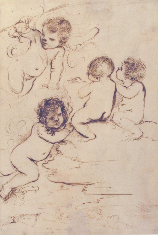 Four Putti with Bow and Arrows on Clouds above a Landscape with a Tower MET 1997.281