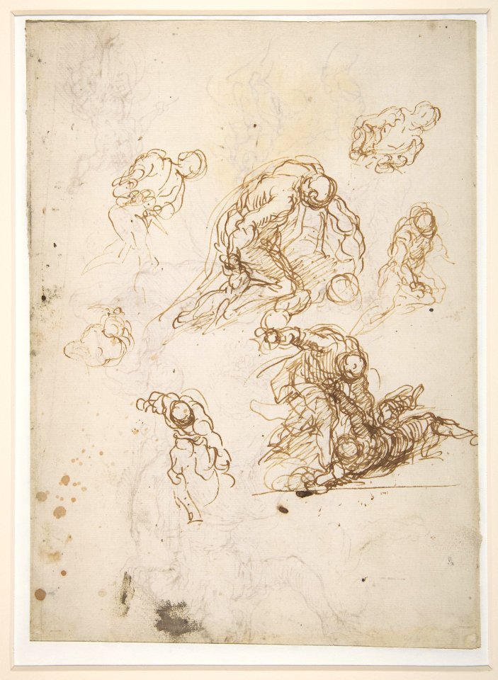 Figure Studies- Seated Female Holding a Book, Two Heads of Bearded Men, Seated Male Nude, and Four Sketches for Christ Judging (recto); Studies for Cain Slaying Abel (verso) MET DP810948
