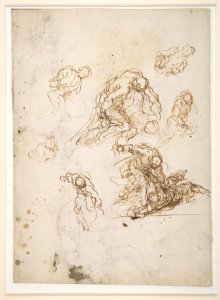 Figure Studies- Seated Female Holding a Book, Two Heads of Bearded Men, Seated Male Nude, and Four Sketches for Christ Judging (recto); Studies for Cain Slaying Abel (verso) MET DP810948