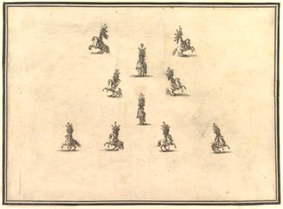 Four riders in a row at bottom, five riders forming a V above and another rider in the center, from 'La gara delle Stagioni' MET DP827740