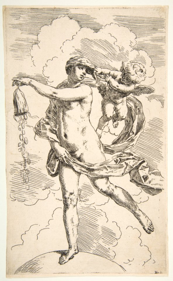 Fortune standing with one foot on a globe and emptying a purse of coins MET DP815121