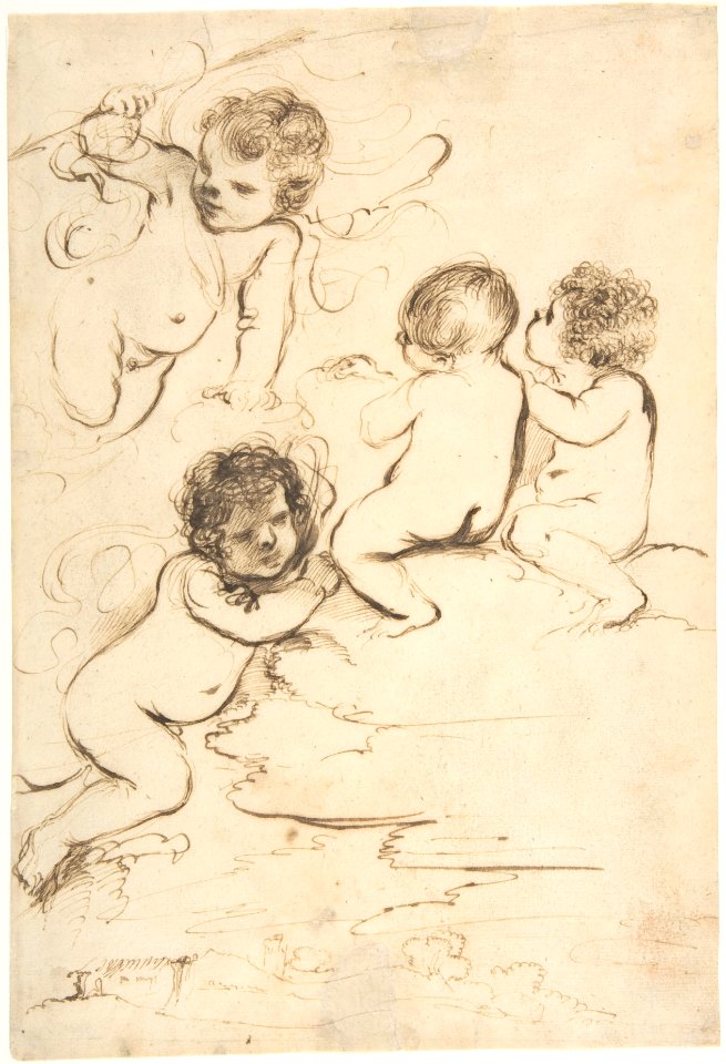 Four Putti with Bow and Arrows on Clouds above a Landscape with a Tower MET DP810215
