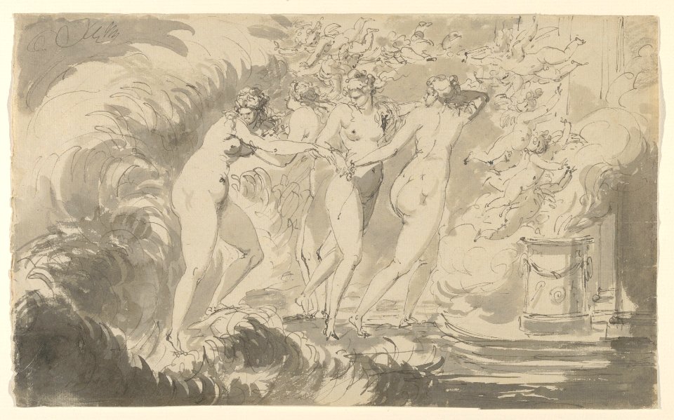 Four Nude Women Surrounded by Putti, Approaching an Altar MET DP838169