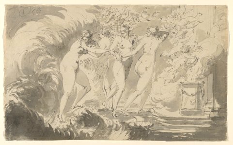 Four Nude Women Surrounded by Putti, Approaching an Altar MET DP838169