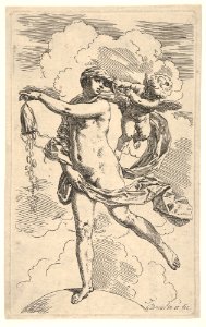 Fortune standing with one foot on a globe and emptying a purse of coins MET DP832094