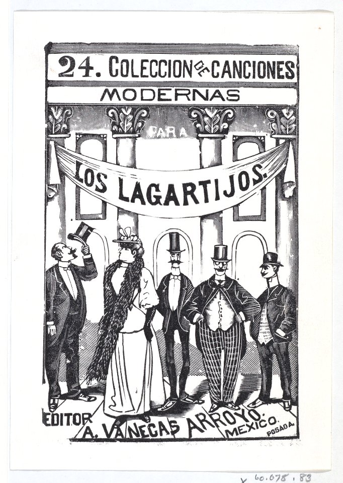 Four men and one woman in fine clothes standing in a line under a banner, illustration for 'Los Lagartijos (The Dandies)' MET DP869491