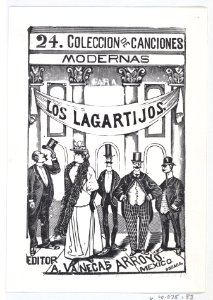 Four men and one woman in fine clothes standing in a line under a banner, illustration for 'Los Lagartijos (The Dandies)' MET DP869491