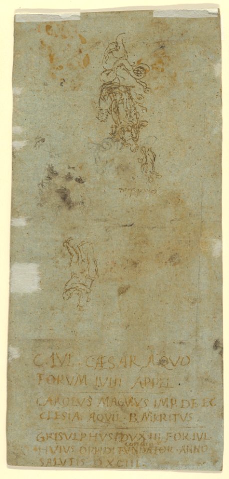 Figure in Roman Dress (Publius Cornelius Scipio Africanus) and Study of Two Helmets (recto); Sketches and Latin Inscription (verso) MET DP841759