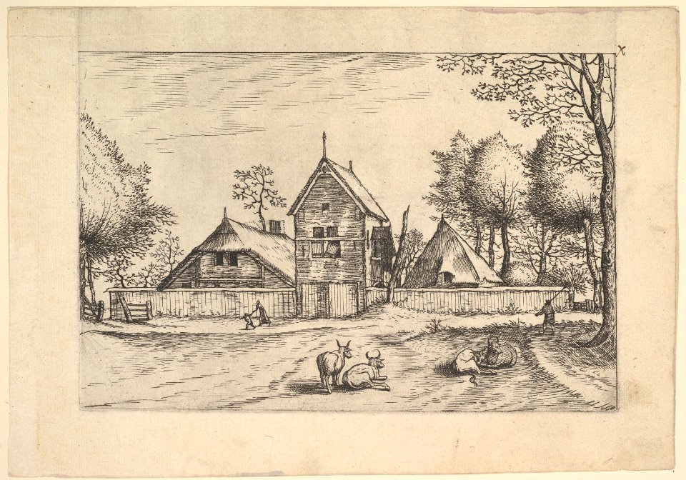 Farmstead, cows and herdsman in the foreground from Praediorum villarum et rusticarum casularum icones elenoantissimae ad vivum in apre deformatae MET DP825677