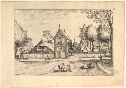 Farmstead, cows and herdsman in the foreground from Praediorum villarum et rusticarum casularum icones elenoantissimae ad vivum in apre deformatae MET DP825677