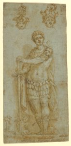 Figure in Roman Dress (Publius Cornelius Scipio Africanus) and Study of Two Helmets (recto); Sketches and Latin Inscription (verso) MET DP841060