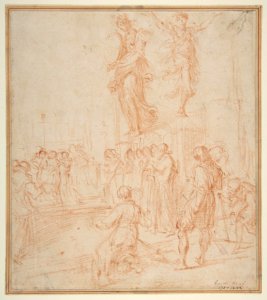 Figure Studies- Woman holding a Shield, a Dancing Female, and a Priest Supported at an Altar before a Group of Onlookers MET DP811169