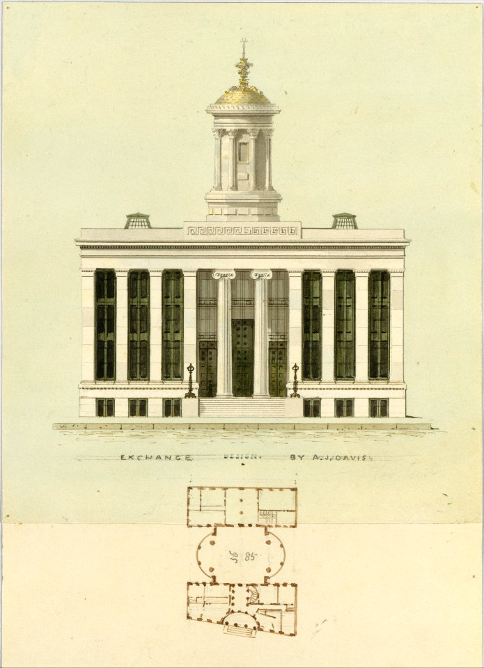 Façade Design and Old Plan for the First Merchant's Exchange, New York (unexecuted; front elevation and plan) MET DT12080