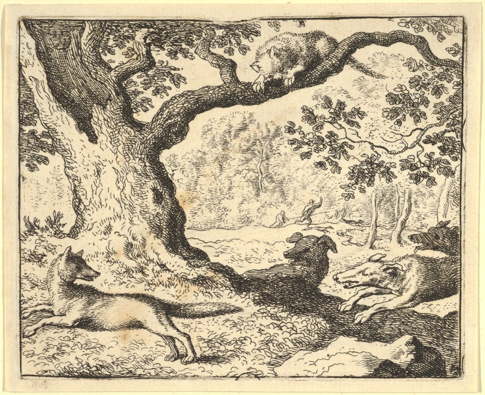 Following Renard's False Story, His Father Is Chased by Hunting Dogs from Hendrick van Alcmar's Renard The Fox MET DP837680