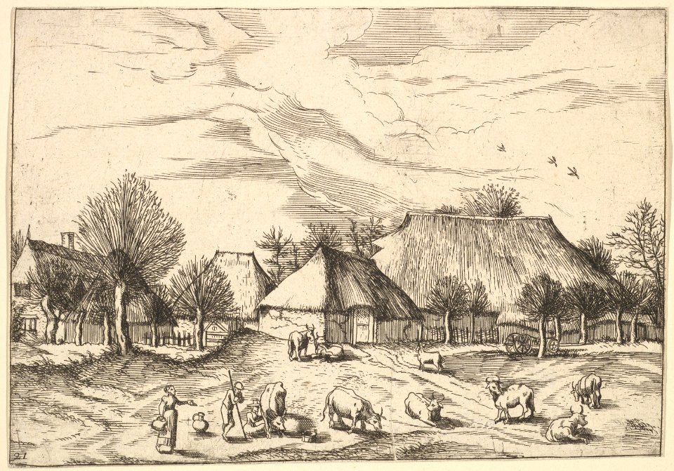 Farms, cattle with herdsmen and milkmaids in the foreground from Multifariarum casularum ruriumque lineamenta curiose ad vivum expressa MET DP825662