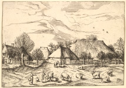 Farms, cattle with herdsmen and milkmaids in the foreground from Multifariarum casularum ruriumque lineamenta curiose ad vivum expressa MET DP825662