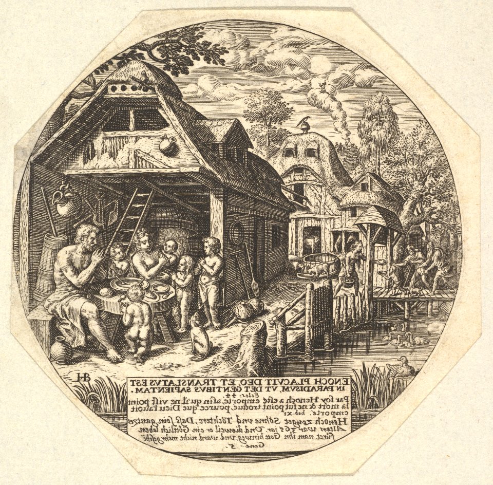 Enoch and his family surrounding a meal table and holding their hands in a gesture of prayer; behind them is the open end of house; to the right a woman hands out bread to a child, young man, and old man MET DP828325