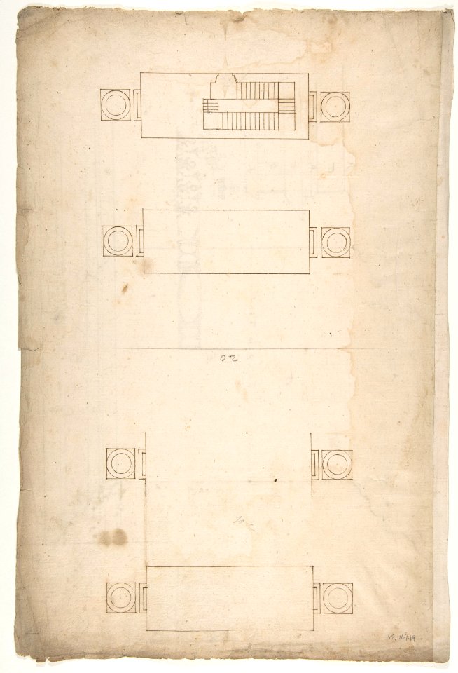 Forum of Nerva, colonnade, profiles of attic and entablature, architrave and column detail (recto) Arch of Constantine, plan (verso) MET DP810829
