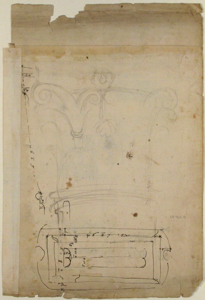 Forum of Nerva, entablature, elevation; cornice, elevation (recto) Forum of Nerva, architrave panel, ceiling plan, Corinthian, capital (verso) MET 68.769.10verso