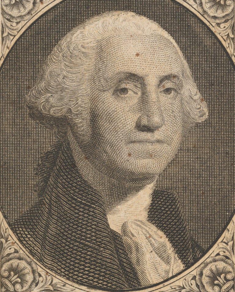 Face detail, from- Banknote motif- Portrait on George Washington in a decorative panel MET DP837946 (cropped)
