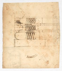 Forum of Augustus, hemicycle, Attic base, elevation and sculpted detail; Ionic capital, elevation; Palazzo Baldassini, cortile, elevation (recto) blank (verso) MET DP247683