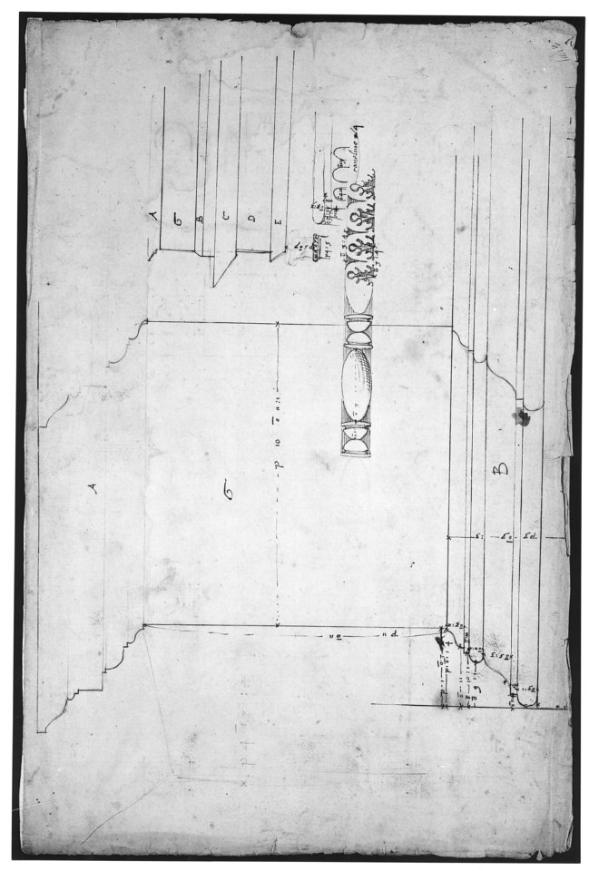 Forum of Nerva, colonnade, profiles of attic and entablature, architrave and column detail (recto) Arch of Constantine, plan (verso) MET sf68 769 19r-MM43643