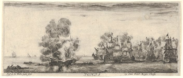 Fire, a flotilla on fire in center and to the right, two boats full of people to left, from 'The four elements' (Les quatre Eléments) MET DP833239