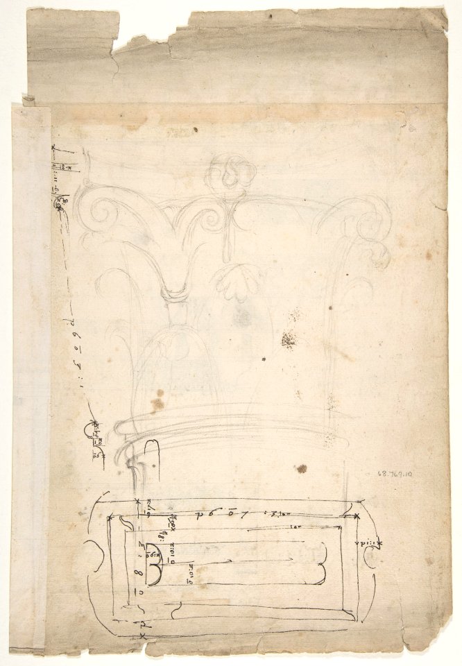 Forum of Nerva, entablature, elevation; cornice, elevation (recto) Forum of Nerva, architrave panel, ceiling plan, Corinthian, capital (verso) MET DP810851