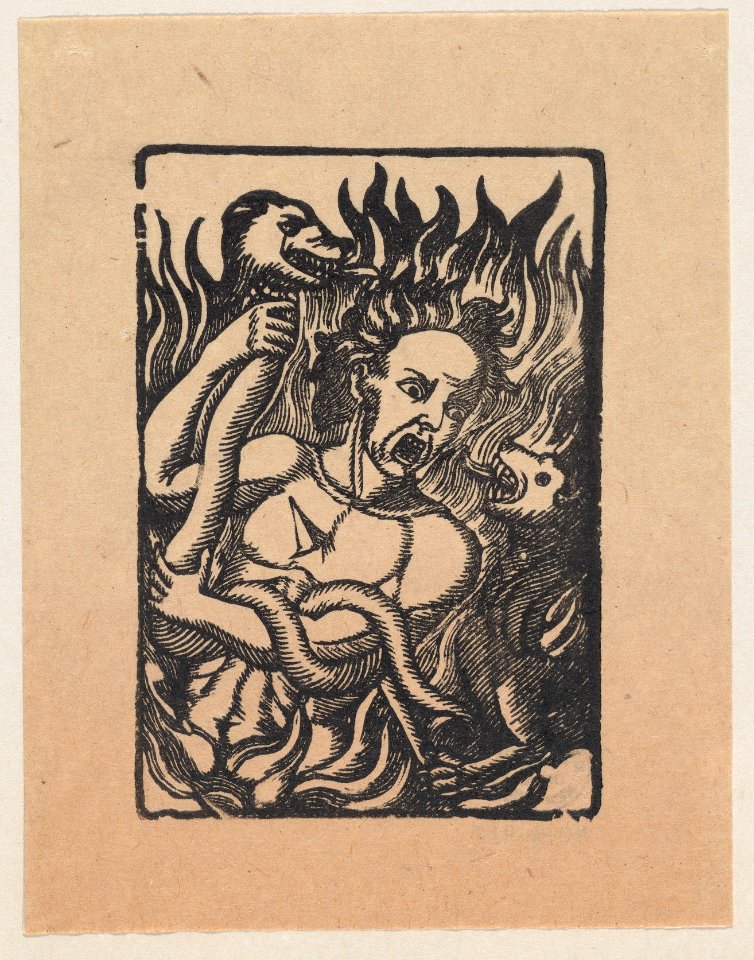 Figure pierced by an arrow, holding a serpent and surrounded by flames MET DP869255-1