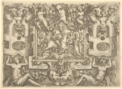 Figure on horseback holding a sword and riding over a figure lying on the ground, set within an elaborate frame MET DP837633