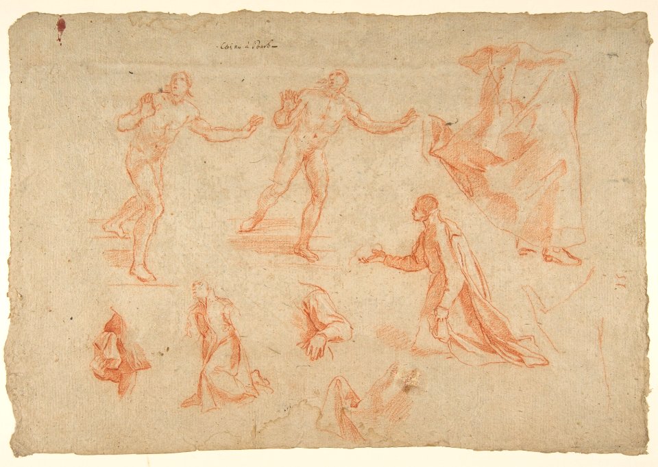 Figure and Drapery studies (recto); Three Studies of a Male Torso for the 'Coronation of Marcantonio Pasqualini' (verso) MET DP812325